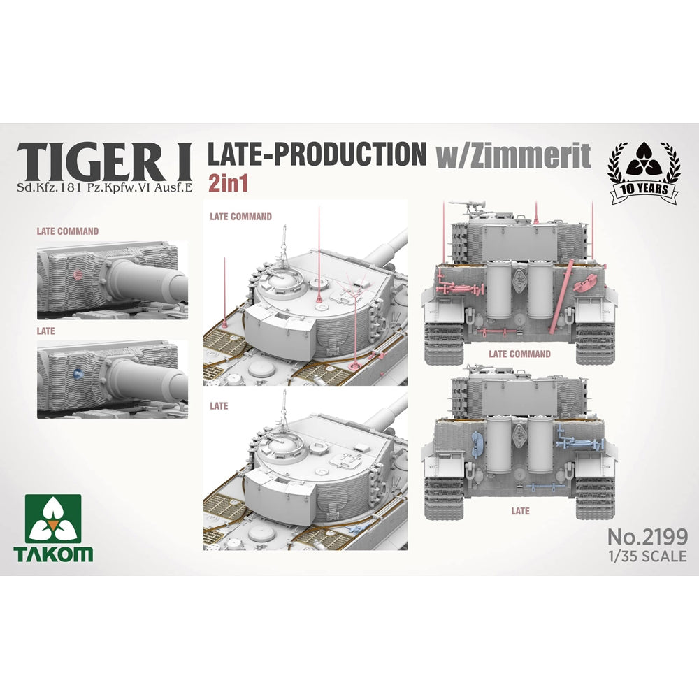 Takom 2199 German WWII Tiger I Late Command w/Zimmerit 2 in 1 1:35 Model Kit