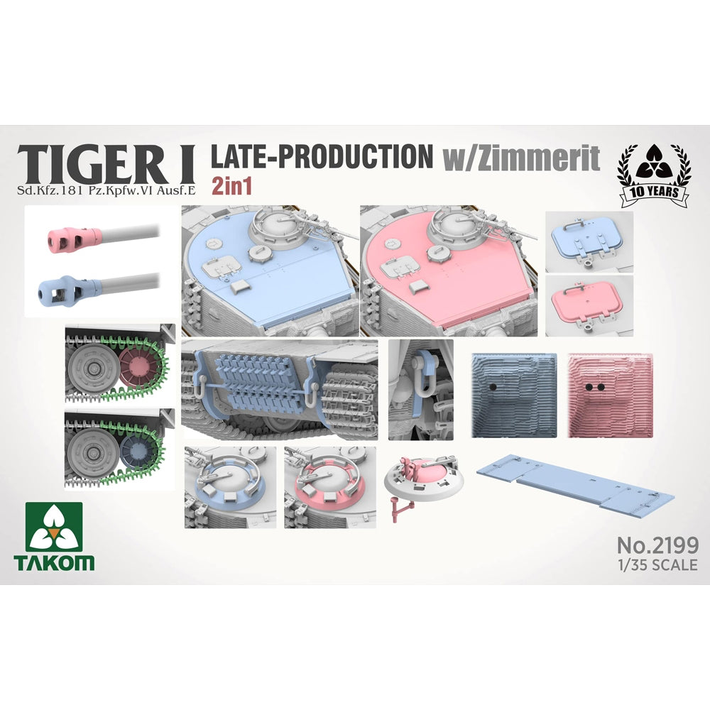 Takom 2199 German WWII Tiger I Late Command w/Zimmerit 2 in 1 1:35 Model Kit