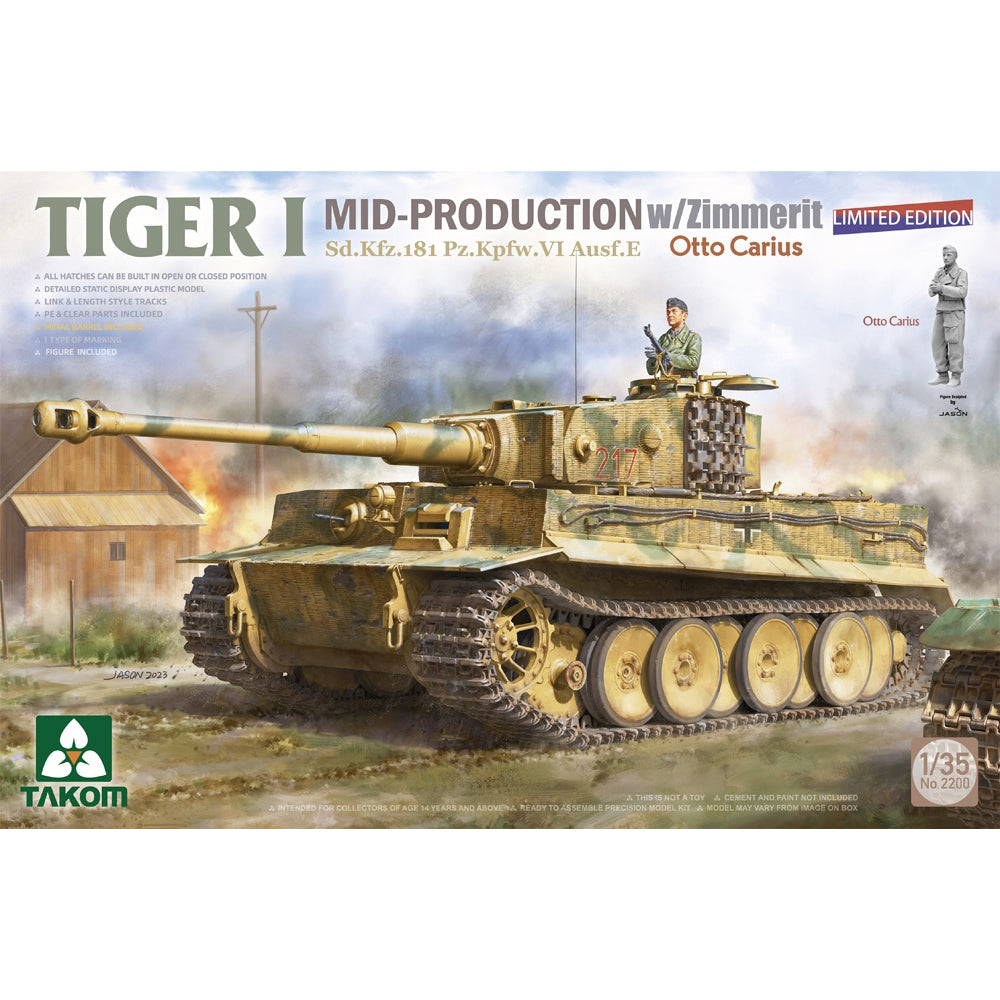 Takom 2200 German WWII Tiger I Mid w/Zimmerit & Otto Carius 1:35 Model Kit