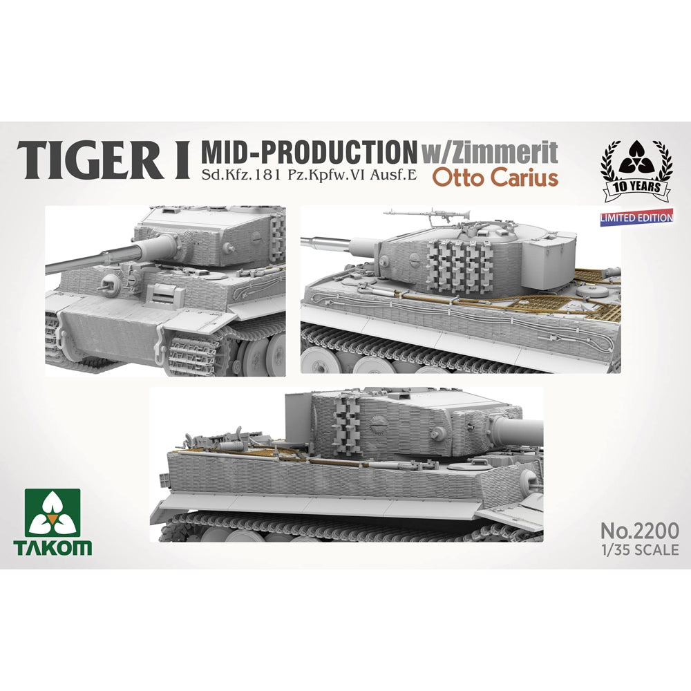 Takom 2200 German WWII Tiger I Mid w/Zimmerit & Otto Carius 1:35 Model Kit