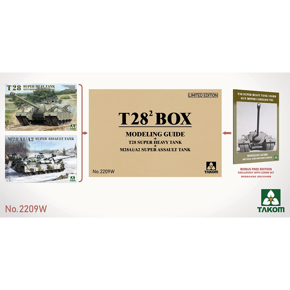 Takom 2209w T28 Box - T28 Tank + M28A1/A2 Tank 2-in-1 + Guide 1:35 Model Kits