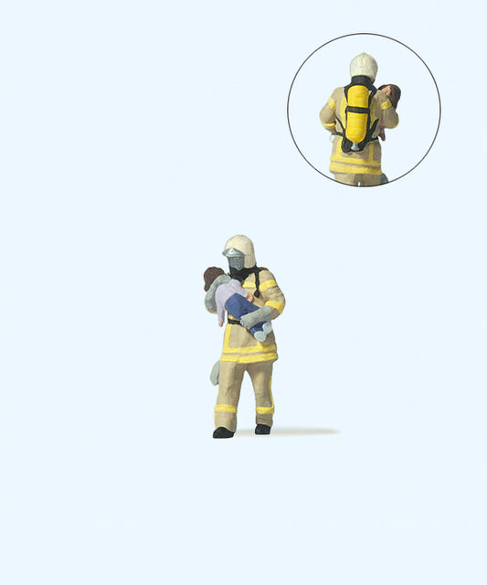 Preiser 28252 Fireman (Beige Uniform) Saving Child Figure HO