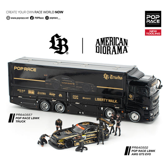 Pop Race LBWK AMG GT3 EVO w/Transport Truck & Crew 1:64 Diecast Bundle