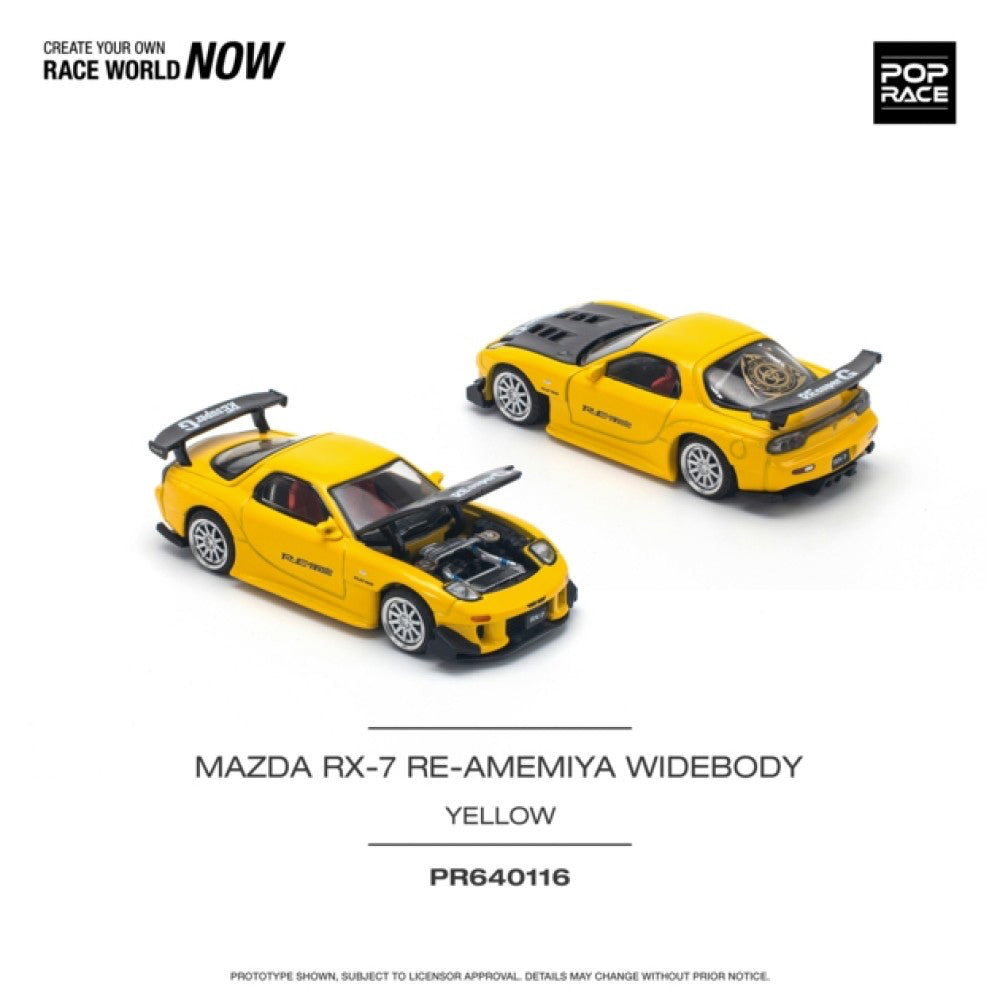 Pop Race Mazda RX-7 FD3S RE Amemiya Widebody Yellow 1:64 Diecast Model 640116