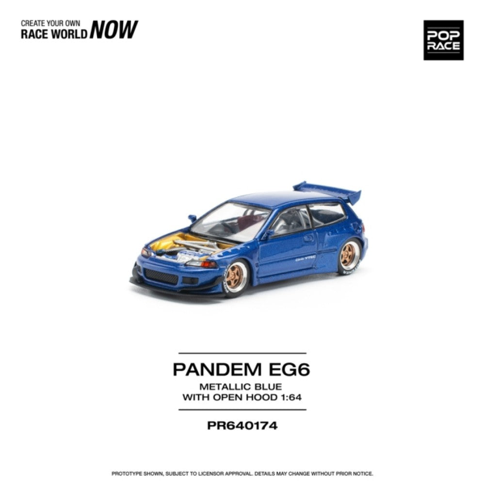 Pop Race Pandem Honda Civic EG6 - Metallic Blue (Open Hood) 1:64 Diecast Car
