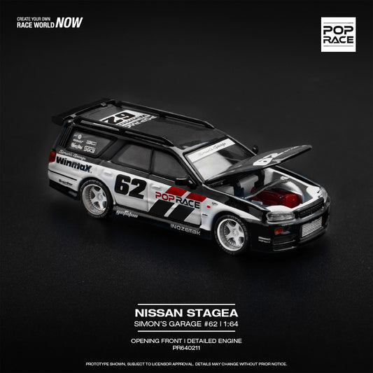 Pop Race Nissan Stagea Simon's Garage#62 Black  1:64 Diecast Model 640211