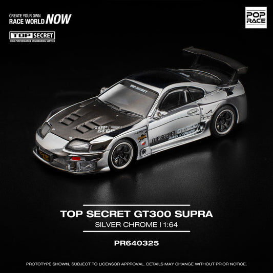 Pop Race Top Secret GT300 Supra Silver Chrome 1:64 Diecast Car 640325