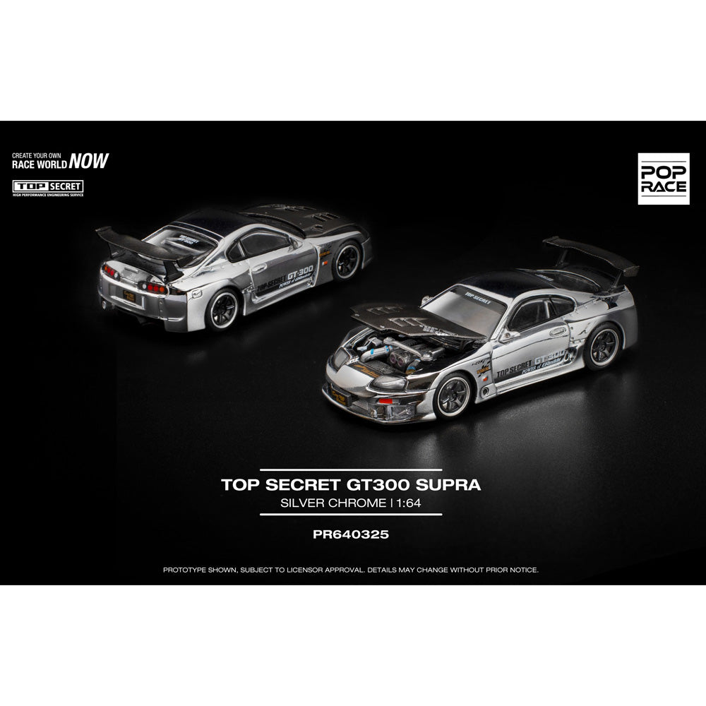 Pop Race Top Secret GT300 Supra Silver Chrome 1:64 Diecast Car 640325