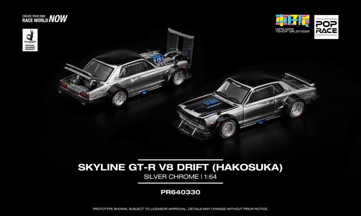 Pop Race Skyline GT-R V8 Drift(Hakosuka) Silver Chrome 1:64 Diecast Model 640330