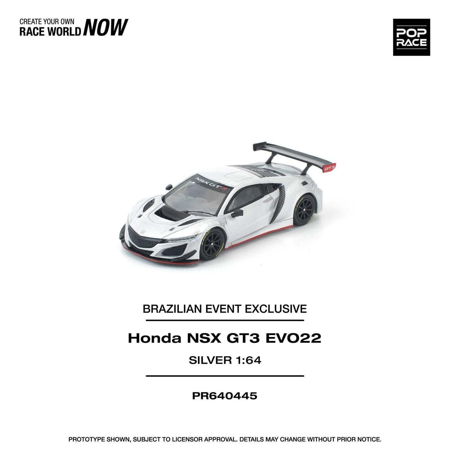 Pop Race Honda NSX GT3 Evo22 Silver 1:64 Diecast Model 640445