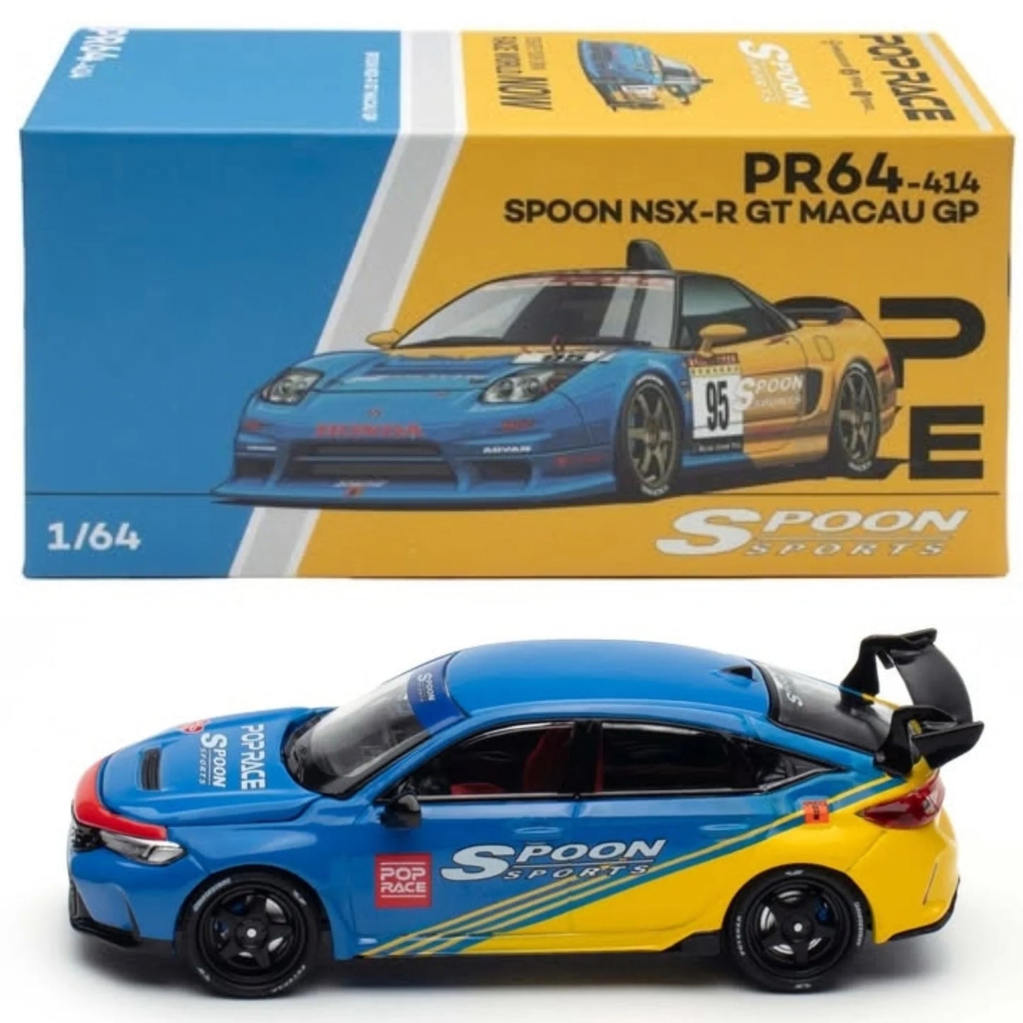 Pop Race Spoon Civic Type-R FL5 Spoon Yellow/Blue Tokyo 1:64 DiecastModel 640469