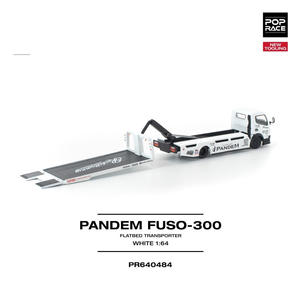 Pop Race Pandem Fuso 300 Flatbed Transporter White New Tooling 1:64 Car PR640484