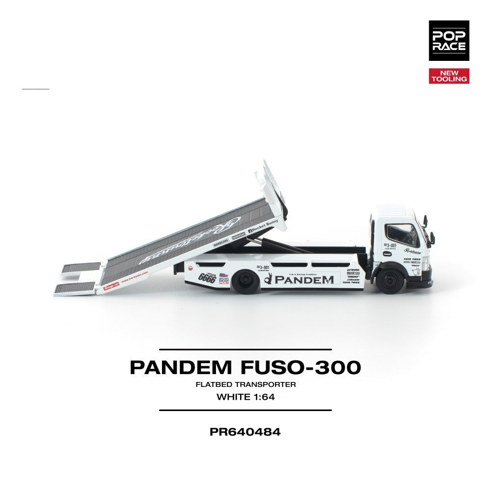 Pop Race Pandem Fuso 300 Flatbed Transporter White New Tooling 1:64 Car PR640484