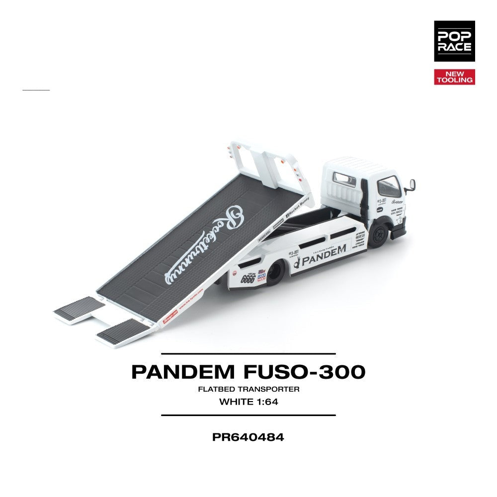 Pop Race Pandem Fuso 300 Flatbed Transporter White New Tooling 1:64 Car PR640484