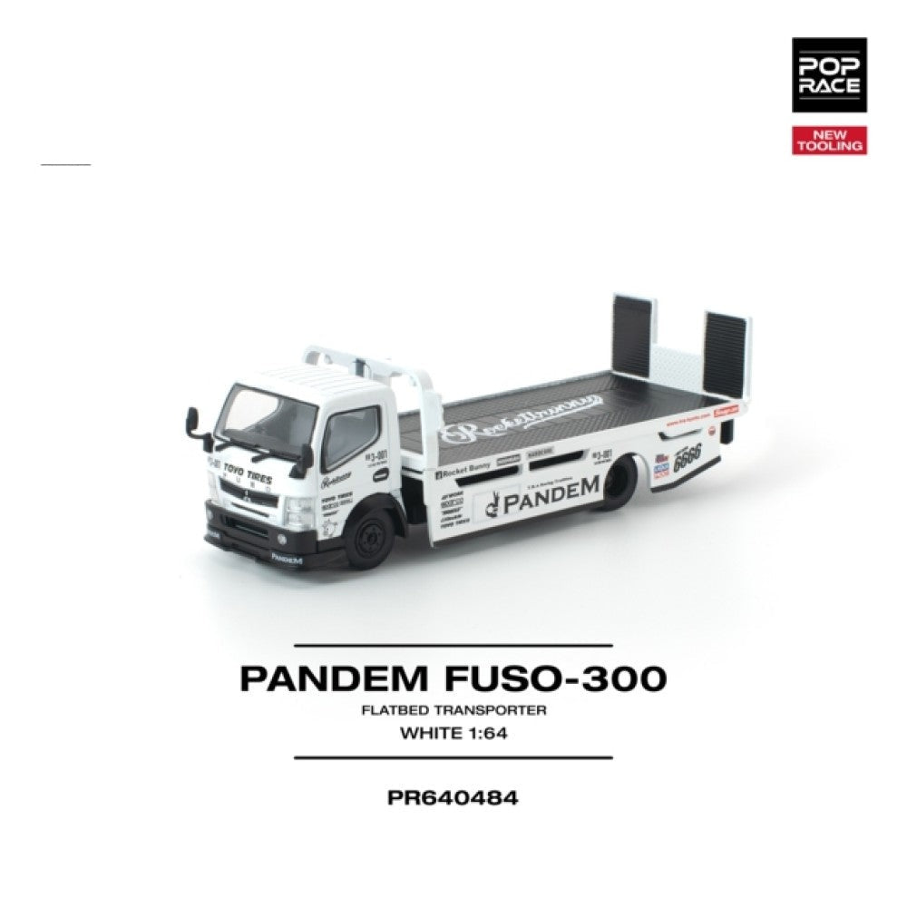 Pop Race Pandem Fuso 300 Flatbed Transporter White New Tooling 1:64 Car PR640484