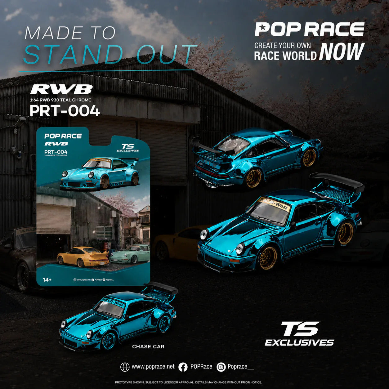 Pop Race RWB 930 Teal Chrome Tokyo Station Exclusive 1:64 Diecast Model 64RT004