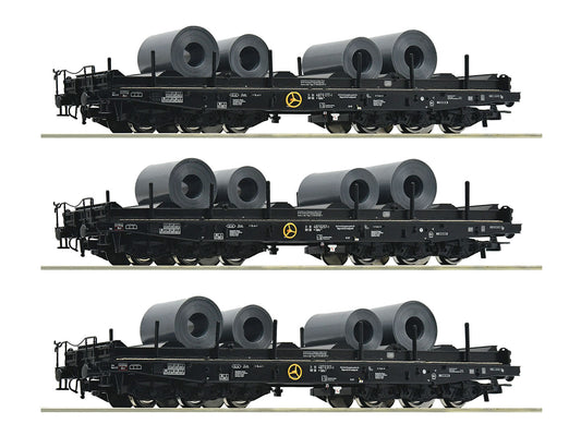 Roco DB Sahs Heavy Duty Flat Wagon w/Coil Load Set (3) IV HO Gauge RC76002