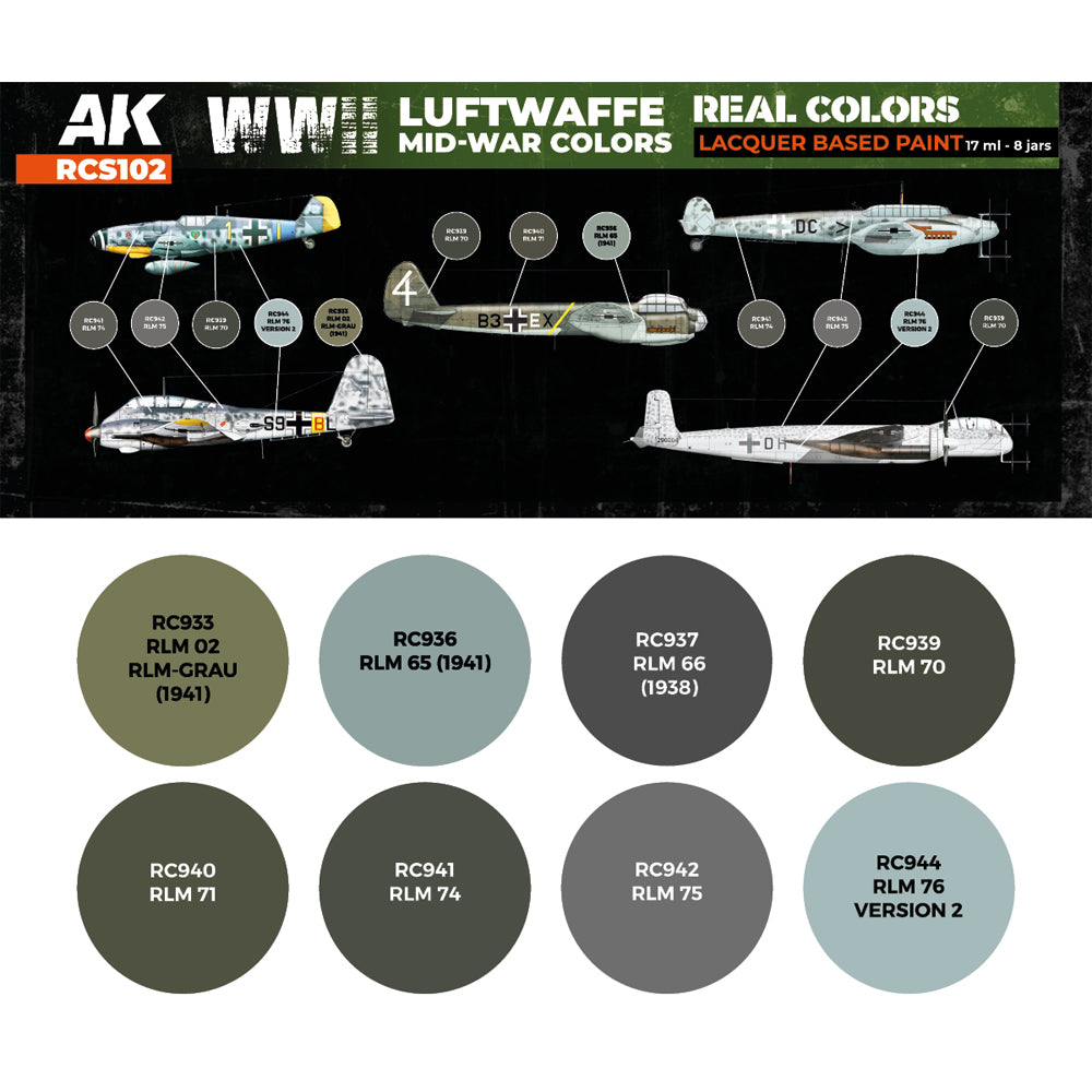 AK Interactive RCS102 WWII Luftwaffe Mid-War Colours Lacquer-Based Paint Set