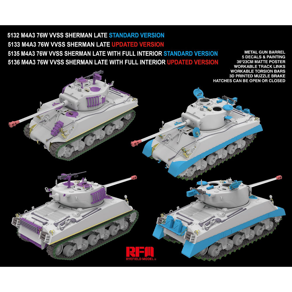 Ryefield Models 5135 M4A3 76W VVSS Sherman Late w/Interior Stand. 1:35 Model Kit