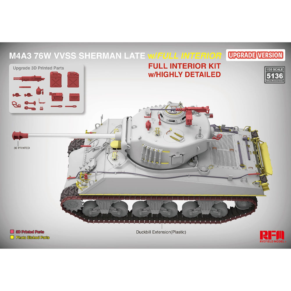 Ryefield Models 5136 M4A3 76W VVSS Sherman Late w/Interior Upgra. 1:35 Model Kit