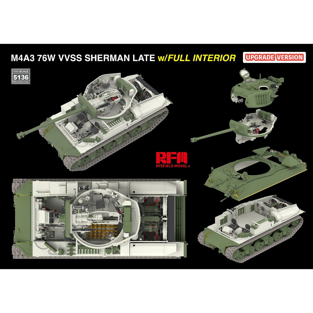 Ryefield Models 5136 M4A3 76W VVSS Sherman Late w/Interior Upgra. 1:35 Model Kit