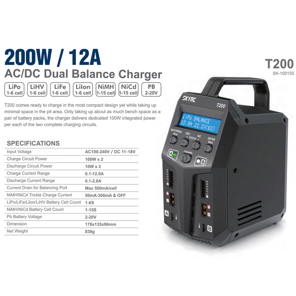 Sky RC T200 AC/DC 12A Dual RC Battery Balance Charger Cars/Boats/Planes/Drones