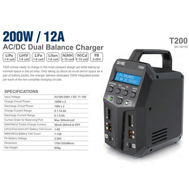 Sky RC T200 AC/DC 12A Dual RC Battery Balance Charger Cars/Boats/Planes/Drones