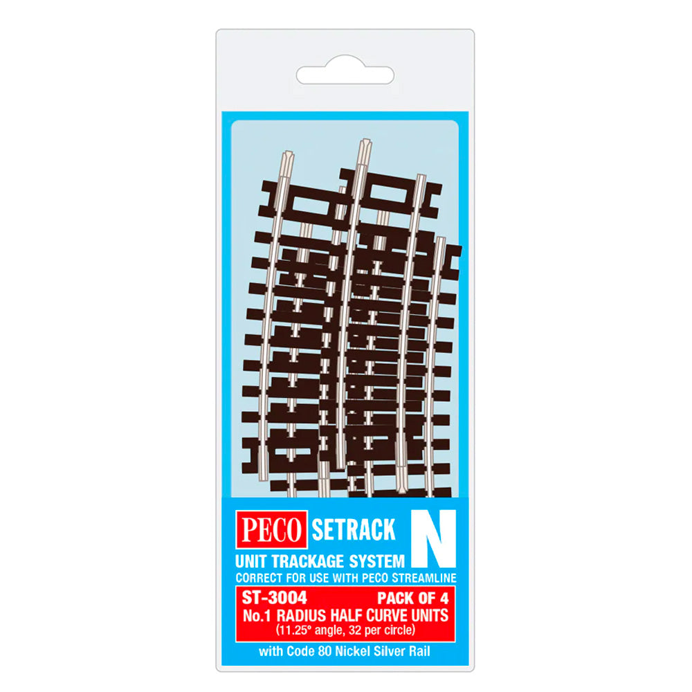 PECO ST-3004 No.1 Radius Half Cuve 4-Pack Code 80 Setrack N Track