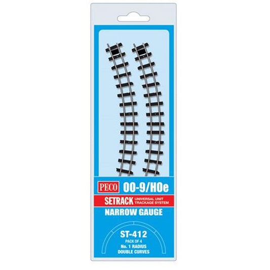 PECO ST-412 Setrack Double Curve 1st Radius 4-Pack OO9 Gauge