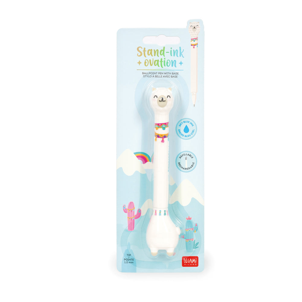 Legami Stand-Ink Ovation Ballpoint Pen with Base - Llama - Sky Blue