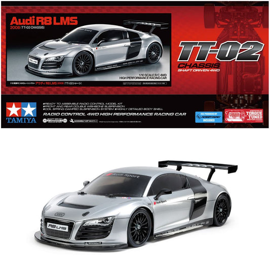 Tamiya 47517 Audi R8 LMS 2008 Silver Painted Body TT-02 :10 RC Car Assemby Kit