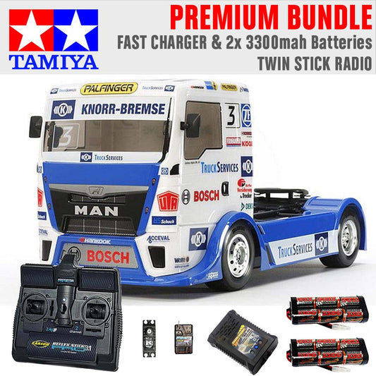 TAMIYA RC 58632 Team Hahn MAN Race Truck TT-01 1:10 Premium Stick Radio Bundle