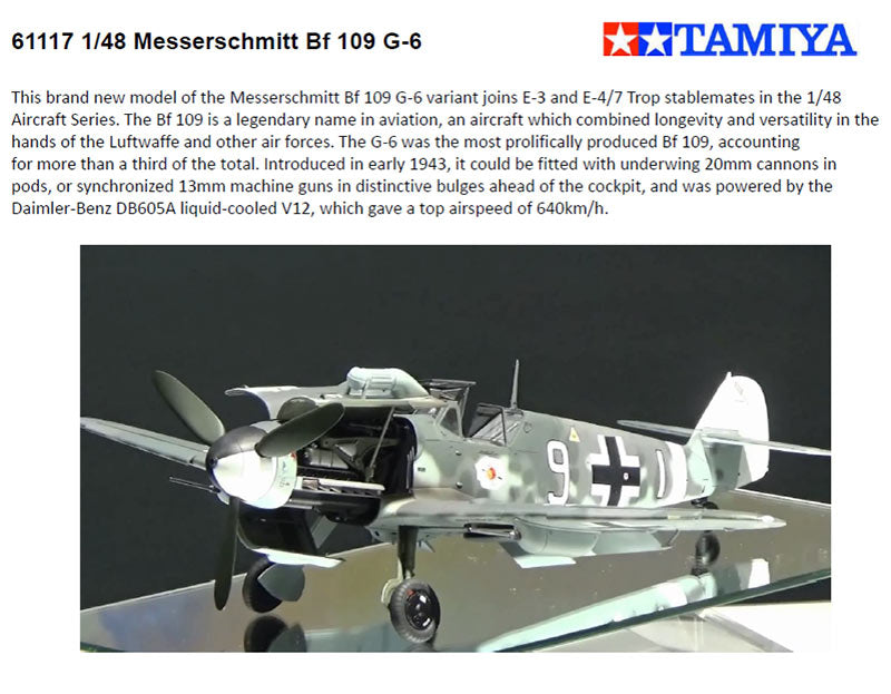 TAMIYA  61117 Messerschmitt BF-109 G6 1:48 Aircraft Model Kit