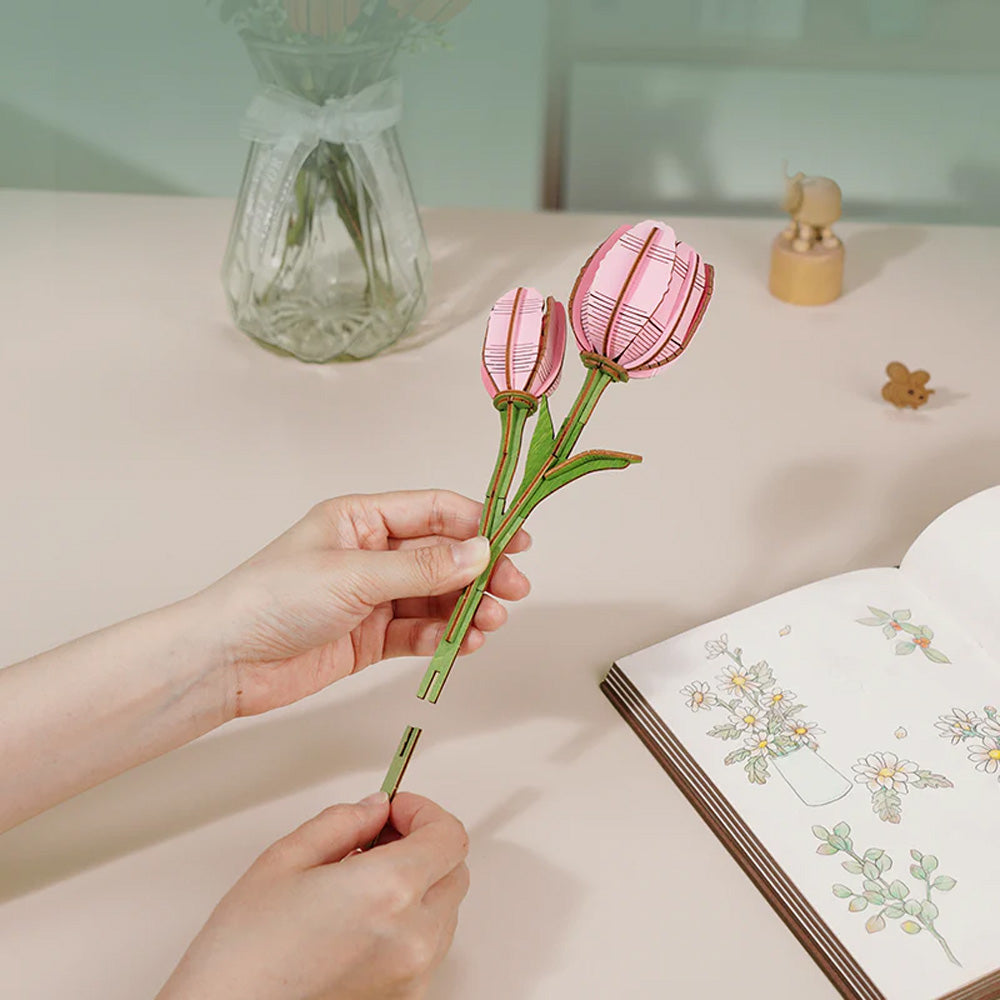 Rowood Pink Tulip DIY Flower 3D Wooden Puzzle TW082