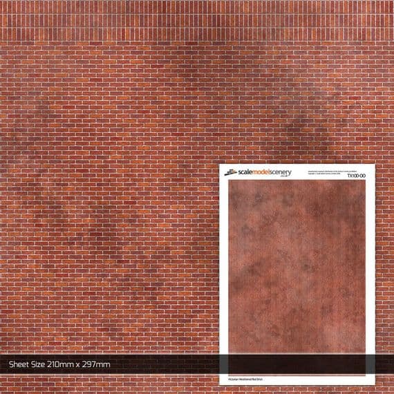Scale Model Scenery TX100 Victorian Weathered Red Brick Texture Paper Pk5 OO/HO