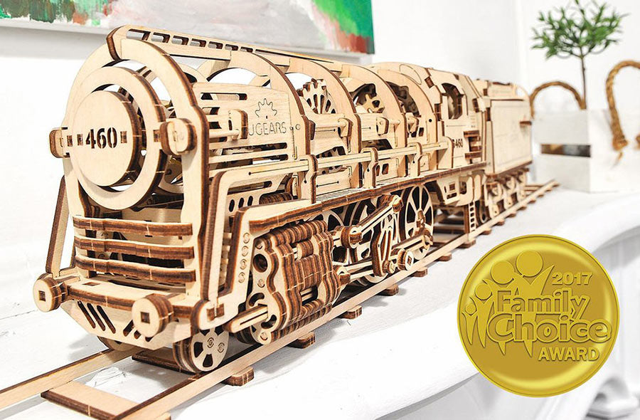 UGEARS Steam Locomotive with tender Mechanical Wooden Model Kit 70012