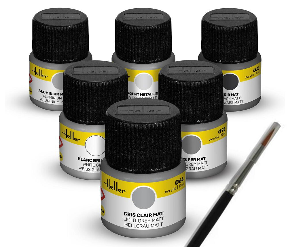 Heller Acrylic Colour Civil Aircraft 6 x 12 ml + Brush 12ml Paint Set