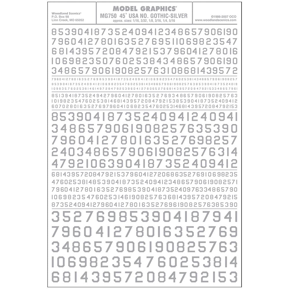 Woodland Scenics MG750 45° USA Gothic Numbers Silver