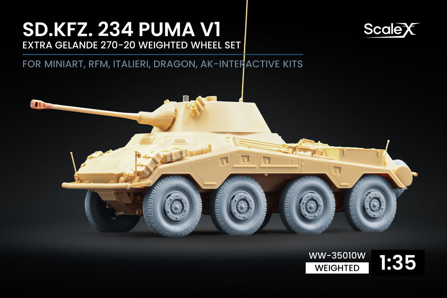 ScaleX Sd.Kfz. 234 Puma v1 Weighted Wheel Set For 1:35 Model Kits