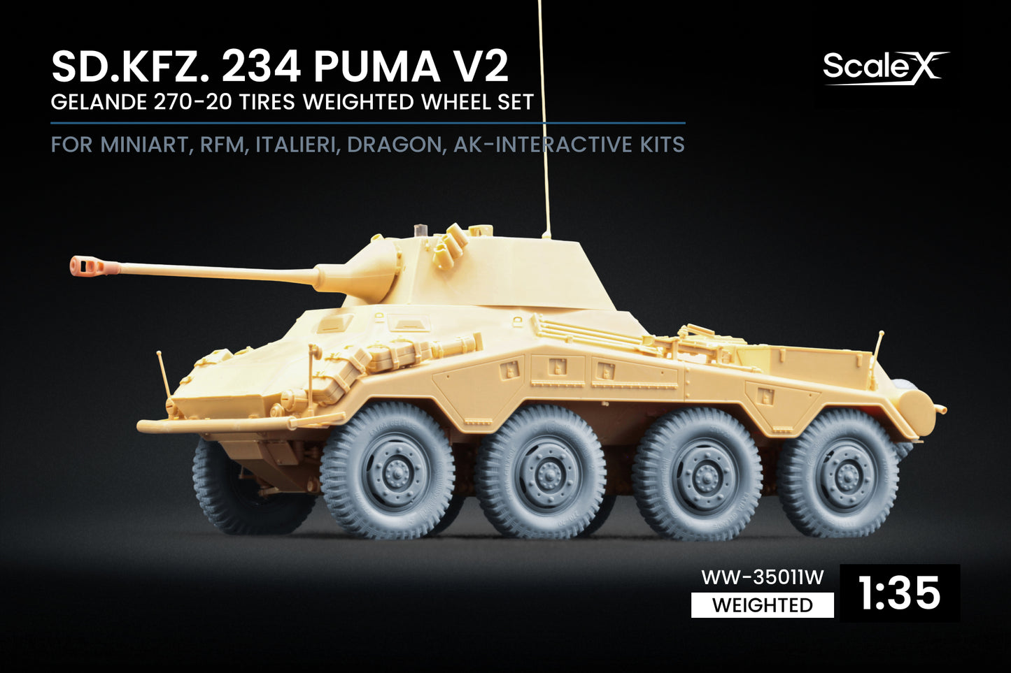 ScaleX Sd.Kfz. 234 Puma v2 Weighted Wheel Set For 1:35 Model Kits