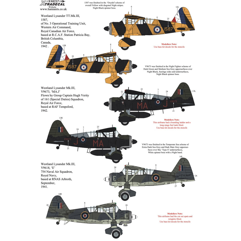 Xtradecal X48257 Westland Lysander Collection 1:48 Decal Set