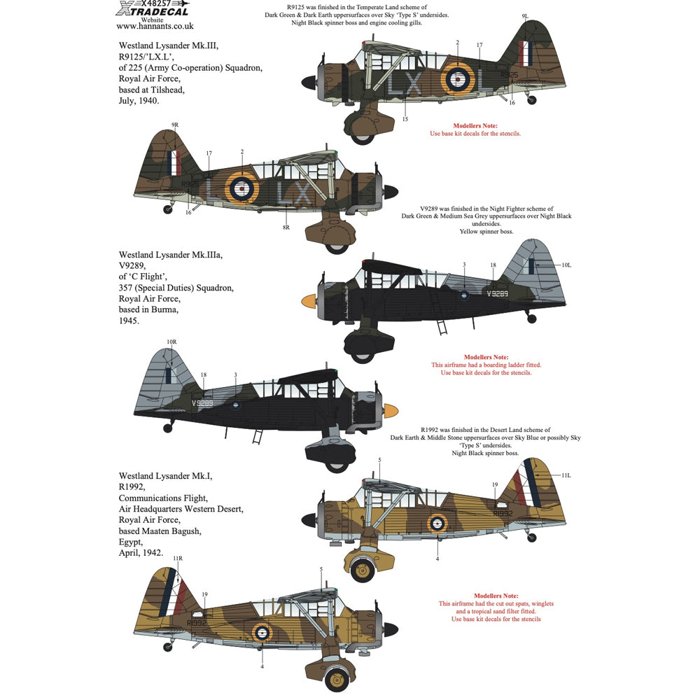 Xtradecal X48257 Westland Lysander Collection 1:48 Decal Set