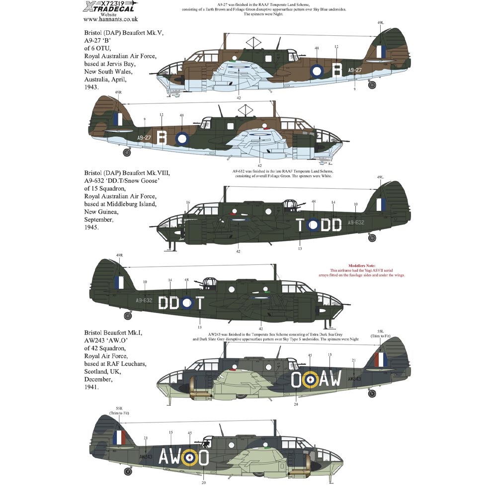 Xtradecal X72319 Decal Set for 1:72 Airfix Bristol Beaufort A04021 - 16 Options