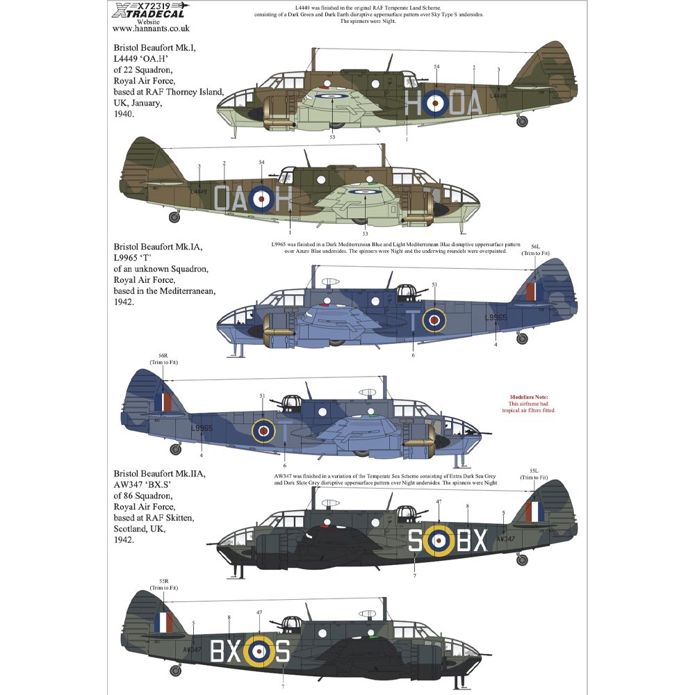 Xtradecal X72319 Decal Set for 1:72 Airfix Bristol Beaufort A04021 - 16 Options