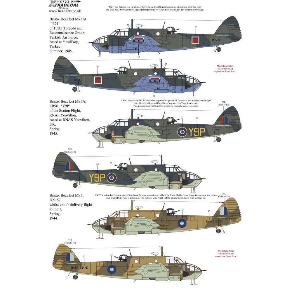 Xtradecal X72319 Decal Set for 1:72 Airfix Bristol Beaufort A04021 - 16 Options