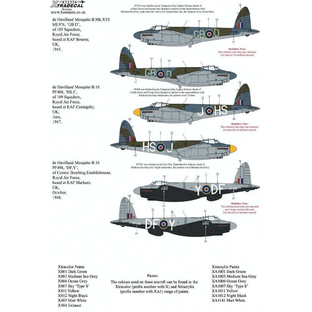 Xtradecal X72334 1:72 Decal Sets for de Havilland Mosquito A04023 - 7 Sets