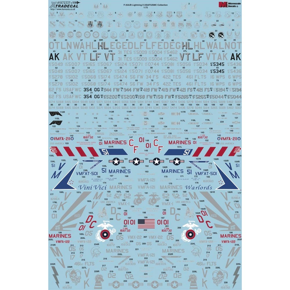 Xtradecal X72337 F-35A/B Lightning II USAF/USMC 33 Aircraft Model 1:72 Decal Set