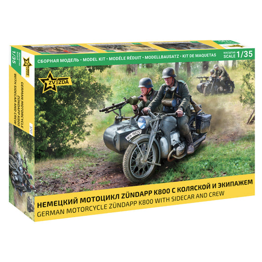 Zvezda 3717 German WWII Zuendapp K800 Motorcycle w/Sidecar & Crew 1:35 Model Kit